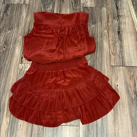 Ramy Brook Kiara Ruffle Mini Dress Brick Red M Sleeveless Smocked Waist Tiered - Picture 6 of 9